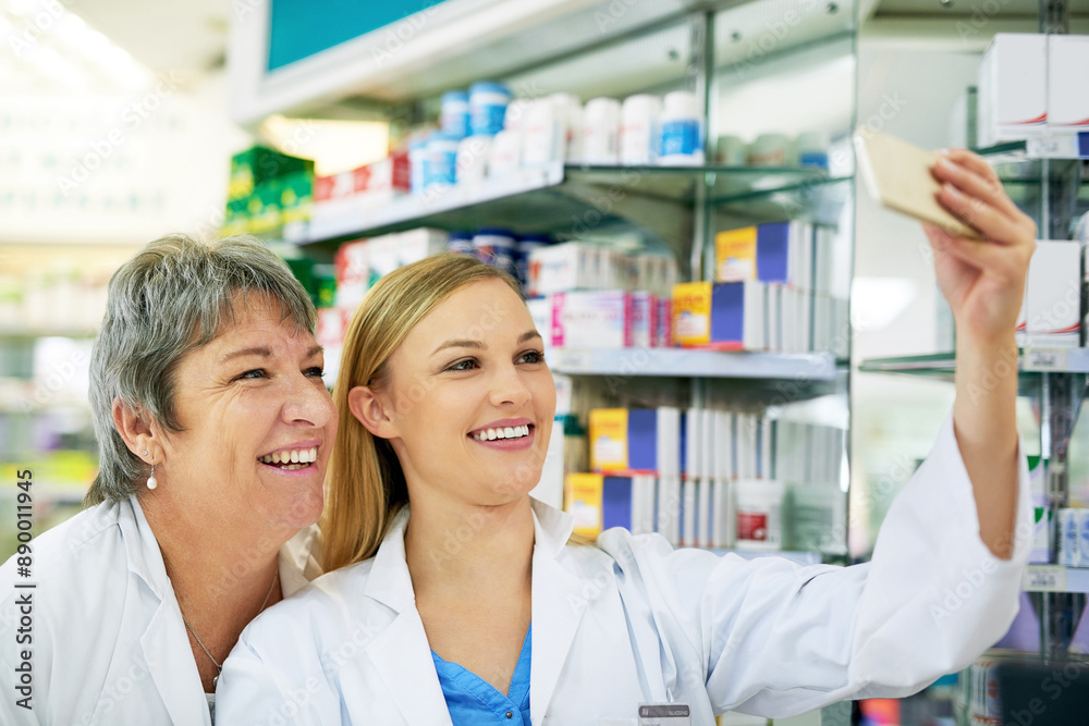 Pharmacy, selfie and staff with smile from teamwork and store with social media update. Pharmacist team, women and happy with picture for company website and digital app at work in drugstore Pharmacy, selfie and staff with smile from teamwork and store with social media update. Pharmacist team, women and happy with picture for company website and digital app at work in drugstore