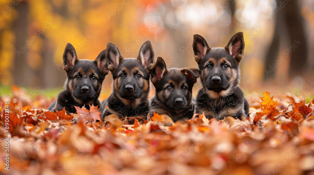 German Shepherd puppy dog sitting , playing, and looking forward in a pile of orange autumn leaves on a background of autumn forest and trees