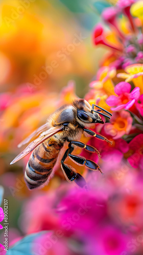 Honeybee in Action: Pollinating Flowers in a Lush, Vibrant Garden