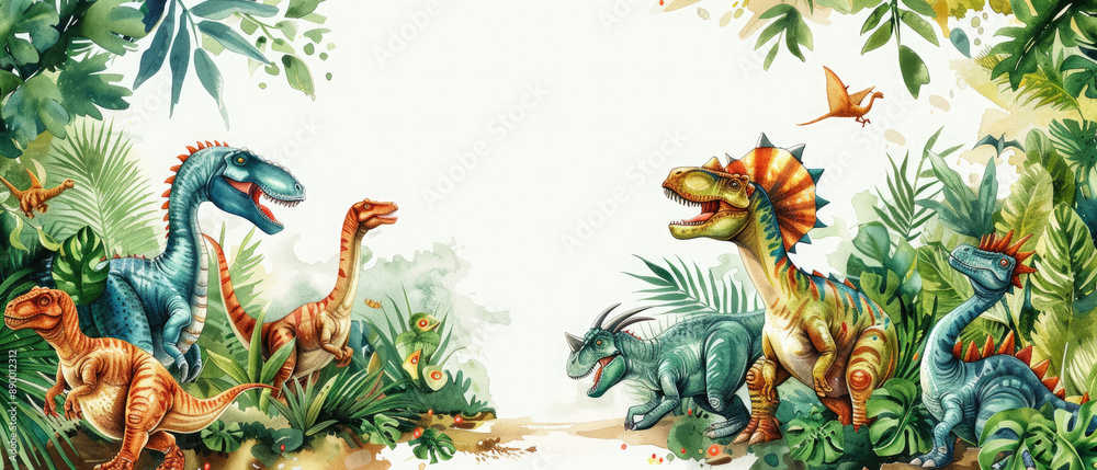 Fototapeta premium Detailed birthday invitation for a dinosaur animal themed party featuring dinosaur creatures with a white blank center
