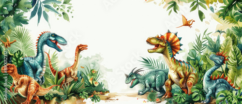 Fototapeta Naklejka Na Ścianę i Meble -  Detailed birthday invitation for a dinosaur animal themed party featuring dinosaur creatures with a white blank center