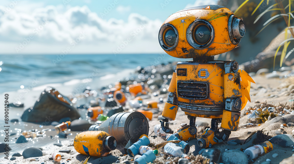 A cute smiling little robot collecting garbage on a beach on a sunny day A cute smiling little robot collecting garbage on a beach on a sunny day