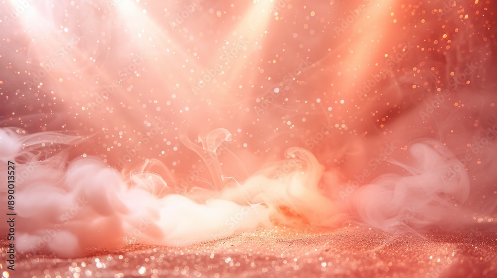 Fototapeta premium Peach-hued background with ethereal smoke, soft spotlights, and sparkling gold glitter, creating a dreamy atmosphere perfect for showcasing products in a luxurious setting.