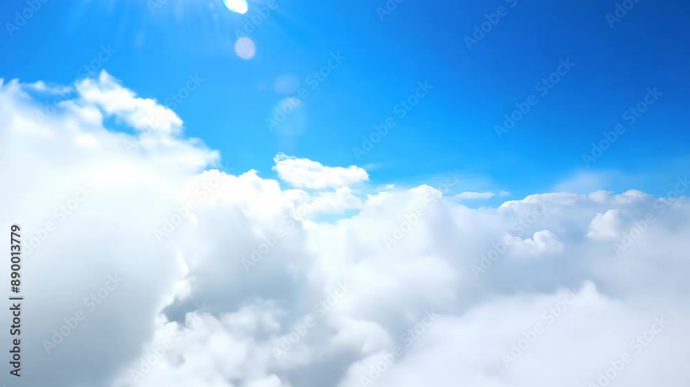 Flying through and over clouds, blue sky background Flying through and over clouds, blue sky background