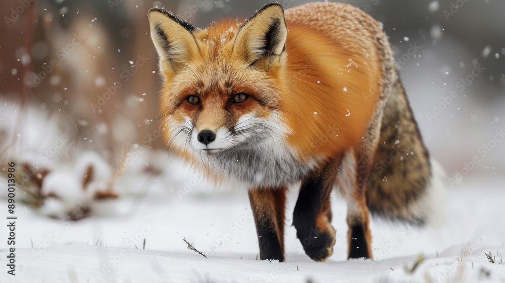 Fototapeta premium A vivid wildlife scene of a red-furred fox navigating the winter wilderness, showcasing the beauty and resilience of nature.