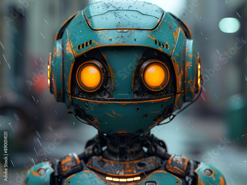 A robotic figure with bright yellow and orange eyes.