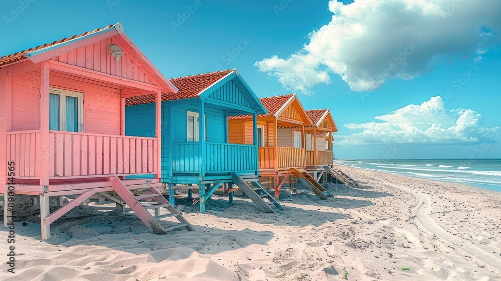 Fototapeta premium Colorful beach huts by the ocean on a tropical shore.