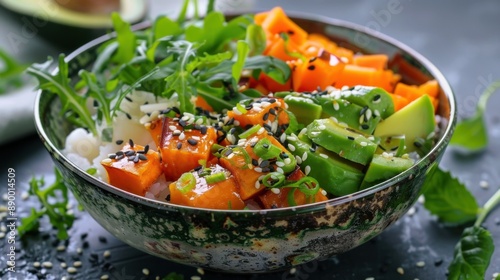 A vibrant poke bowl featuring avocado and sweet potato, artistically presented with fresh ingredients.