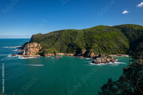 knysna heads, aerial view of the famous featherbed headland coastal nature reserve, garden route, south africa