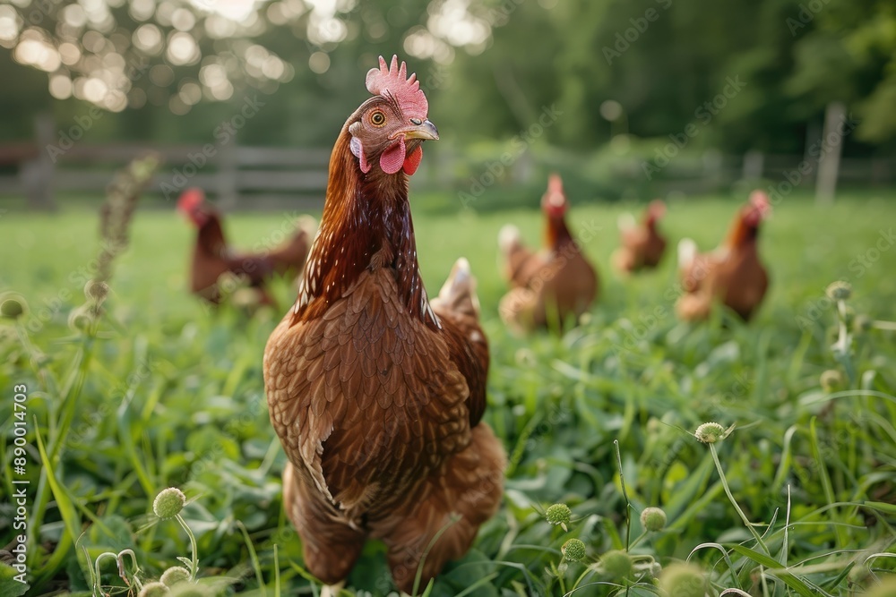 Fototapeta premium Group of hens standing on green grass in the farm