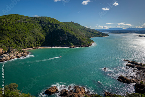 knysna heads, aerial view of the famous featherbed headland coastal nature reserve, garden route, south africa