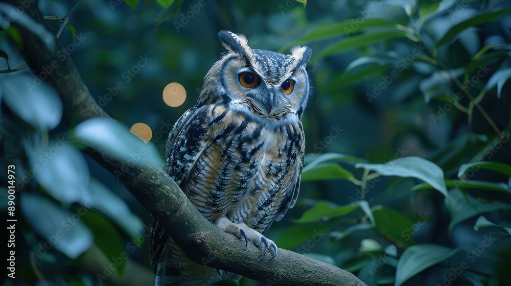 Obraz premium Beautiful owl perched on a tree branch surrounded by lush green foliage in a serene night forest, illuminated by soft moonlight.
