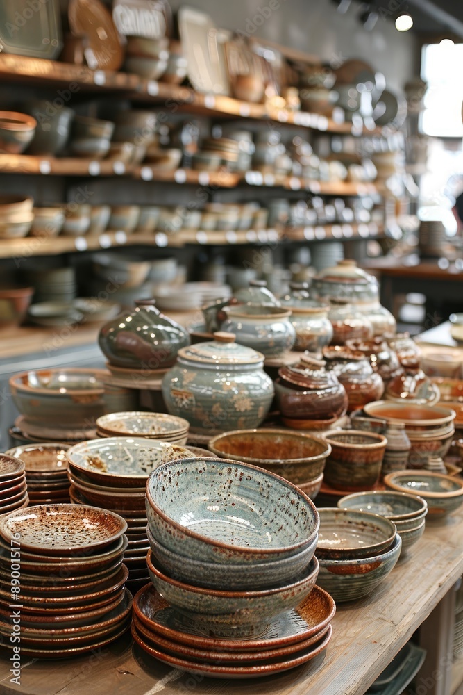 Various handmade ceramic pots displayed on wooden shelves
