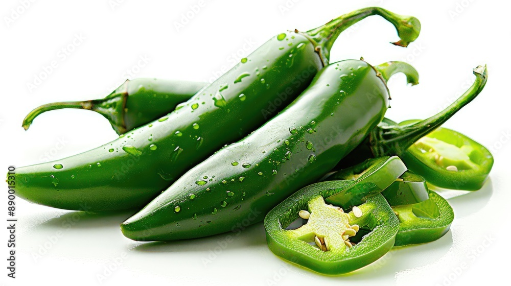 Fresh green jalapeno peppers stacked with sliced pieces.
