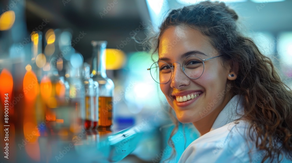 Young female scientist smiling while working in a laboratory, representing progress and innovation in science