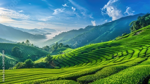 Breathtaking Sunrise Over Lush Green Tea Plantation Hills