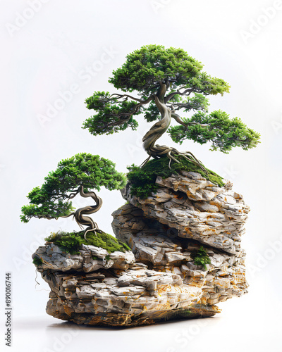 Aerial Ballet: A trio of bonsai trees, each representing a distinct species, gracefully pirouette in mid-air against a pure white backdrop.  photo