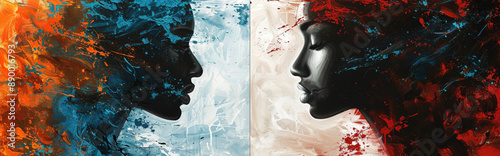 canvas split into two halves with contrasting colors and styles, symbolizing the division of realities and the dual experiences of schizophrenia