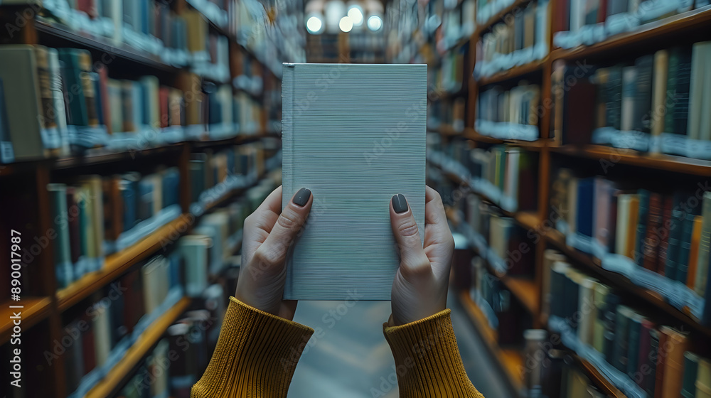 Person presenting a blank book cover mockup in a library, with a close-up view of the book and a blurred backdrop of library shelves, 8K Person presenting a blank book cover mockup in a library, with a close-up view of the book and a blurred backdrop of library shelves, 8K