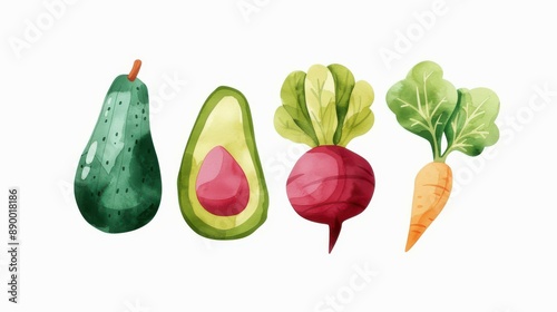 Beautiful watercolor illustrations of organic avocados and beetroots, ideal for prints and digital designs.