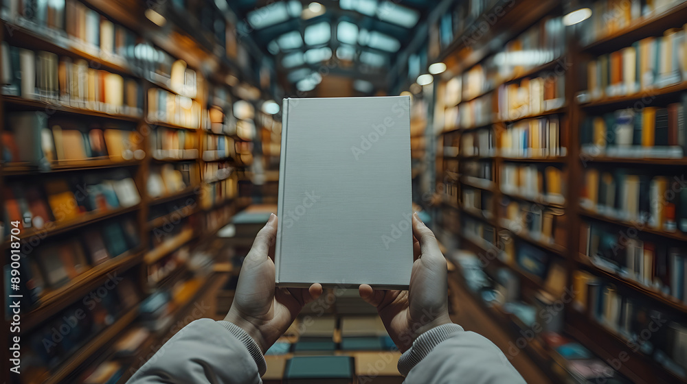 Close-up of a person holding a blank book cover mockup, with the library shelves and books creating a blurred background, 8K Close-up of a person holding a blank book cover mockup, with the library shelves and books creating a blurred background, 8K