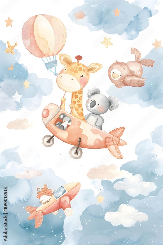 Whimsical Watercolor of Cartoon Animal Pilots Flying Airplane Adventure Whimsical Watercolor of Cartoon Animal Pilots Flying Airplane Adventure