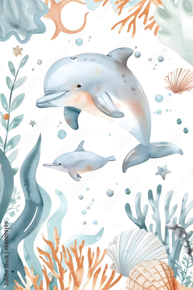 Serene Underwater Watercolor of Playful Dolphin and Marine Life Serene Underwater Watercolor of Playful Dolphin and Marine Life