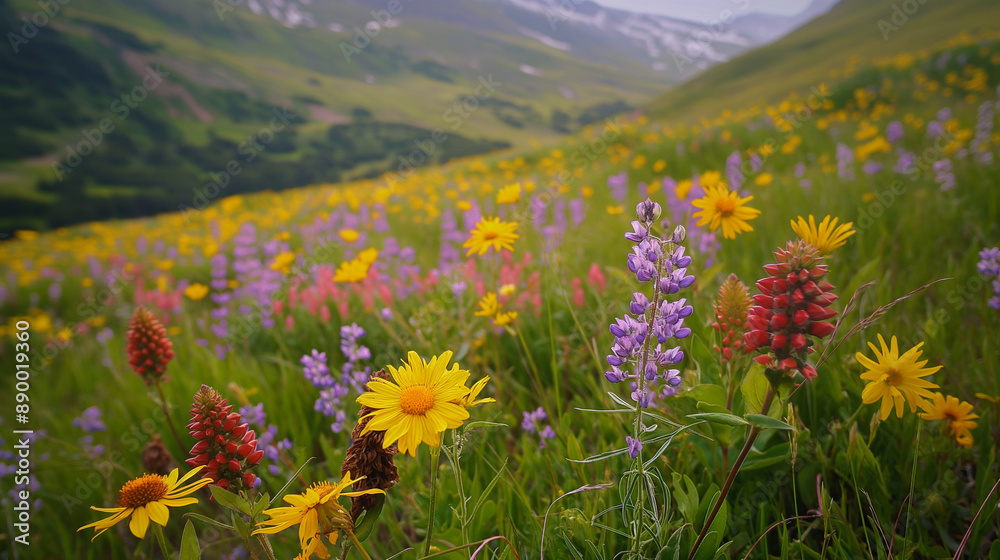 Obraz premium Fields of colorful wildflowers blooming in the mountain meadows, creating a beautiful contrast with the rugged landscape