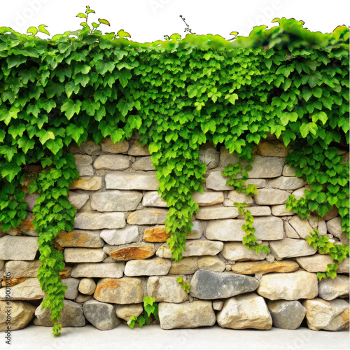 Small stone wall covered green vines isolated on transparent background