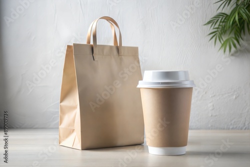 Take away coffee cup and bag isolated on white background, advertising concept mockup