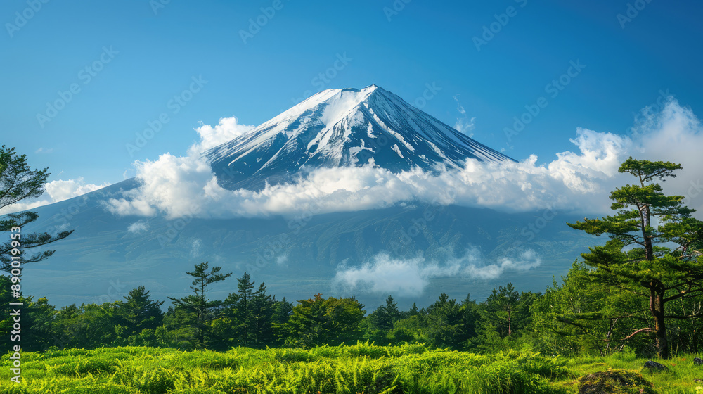 Fototapeta premium Mount Fuji in Japan wide landscape with blue sky, snow on the mountain top, green trees around the mountain, clouds and mist