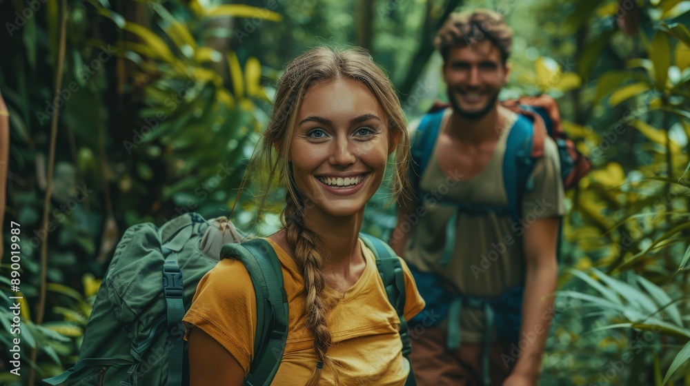 Happy Couple Hiking in Lush Green Forest with Backpacks and Smiling Faces
