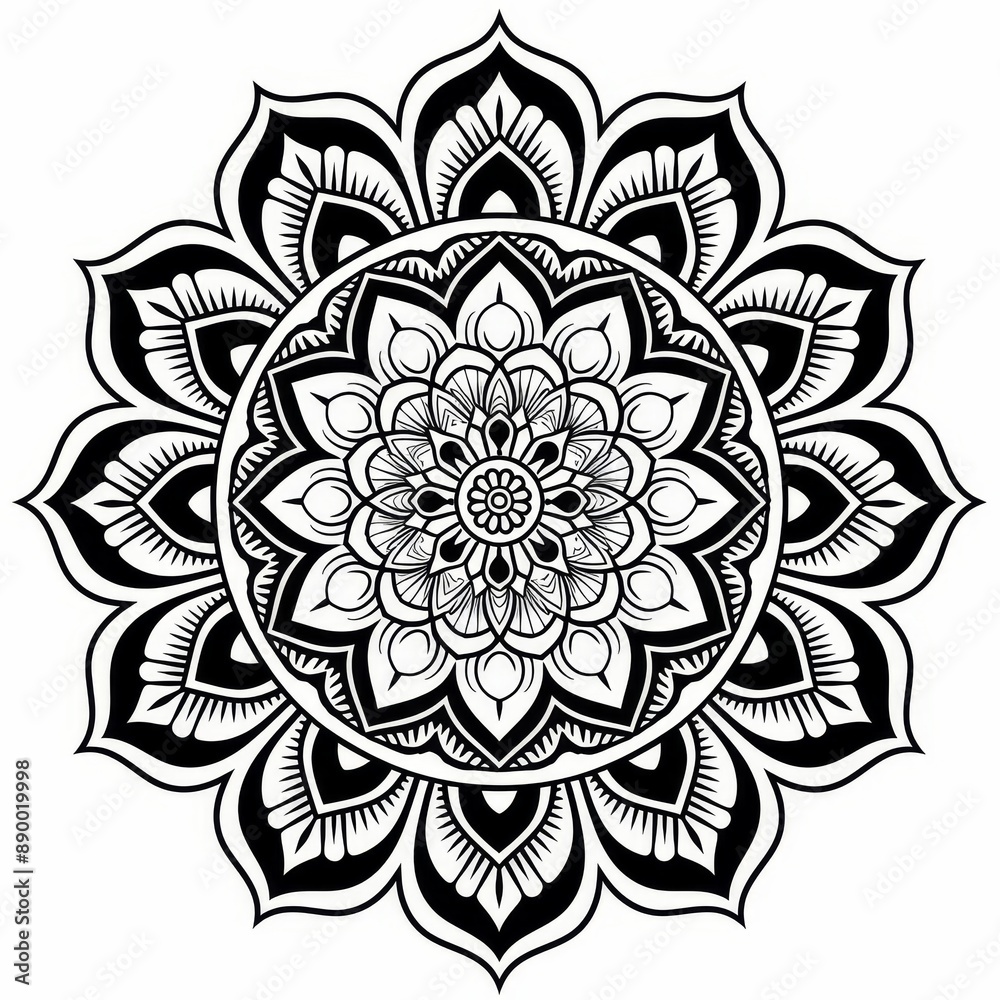 Black line mandala with bold symmetrical designs and intricate detailing on white Black line mandala with bold symmetrical designs and intricate detailing on white