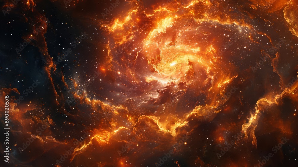 Naklejka premium Stunning cosmic nebula with bright orange and yellow hues, showing the vast expanse and beauty of outer space swirling in motion.