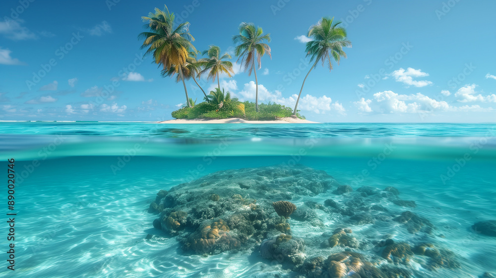 Fototapeta premium A breathtaking tropical paradise featuring crystal clear blue water, lush palm trees, and a serene beach under a bright, sunny sky..