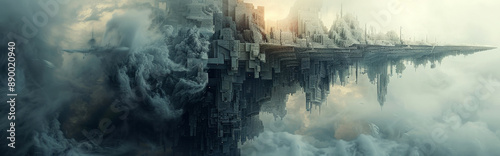 abstract structure or building crumbling into dust