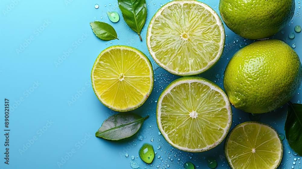 A cluster of halved limes lies on a blue background, surrounded by leaves and droplets of water A cluster of halved limes lies on a blue background, surrounded by leaves and droplets of water