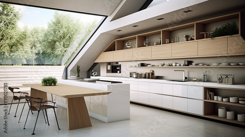 modern kitchen interiors featuring sleek designs, contemporary furniture, stylish cabinetry, and advanced appliances, showcasing a variety of colors and materials to create a functional and aesthetica photo