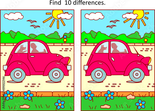 Red car with driver and his dog in summer difference game
