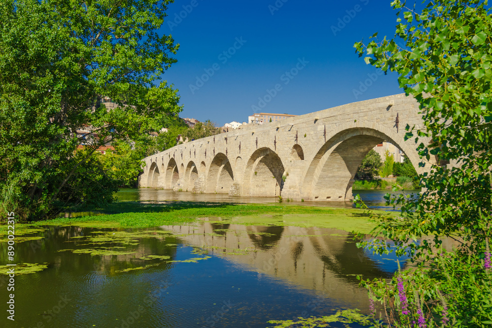 Fototapeta premium Pont Vieux- A bridge spans a river with a castle in the background