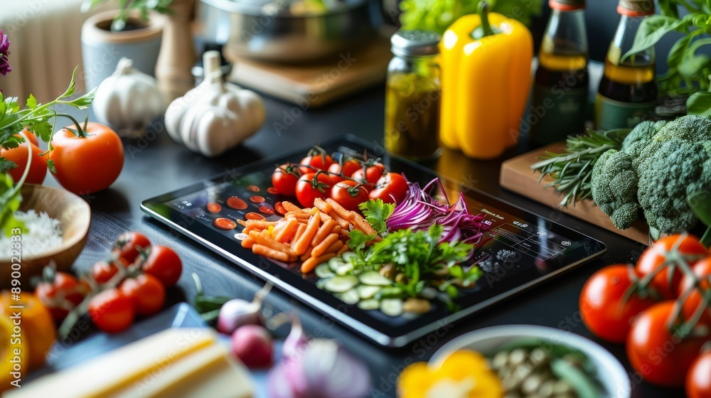 Tablet Displaying Cooking Recipe Amidst Fresh Vegetables on a Modern Kitchen Counter Tablet Displaying Cooking Recipe Amidst Fresh Vegetables on a Modern Kitchen Counter