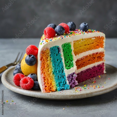 A slice of rainbow cake decorated with fresh berries 