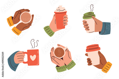 Coffee hands collection, vector illustration in flat cartoon style. Hands holding coffee cups, cozy mugs, to-go cups, warm drinks. Takeaway beverages in autumn, fall and winter themes
