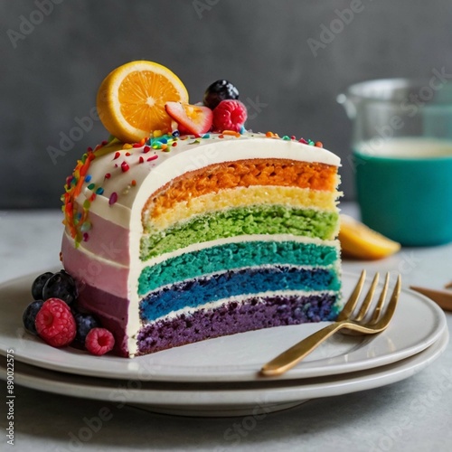 piece of cake with strawberry,Cake on birthday with colorful rainbow cream on a yellow background decorated with berries, colorful sprinkles, poured with chocolate.
