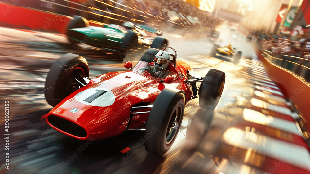 A sleek Formula One car is poised on a wet race track under a dramatic sunset, creating a breathtaking and intense racing scene. A sleek Formula One car is poised on a wet race track under a dramatic sunset, creating a breathtaking and intense racing scene.