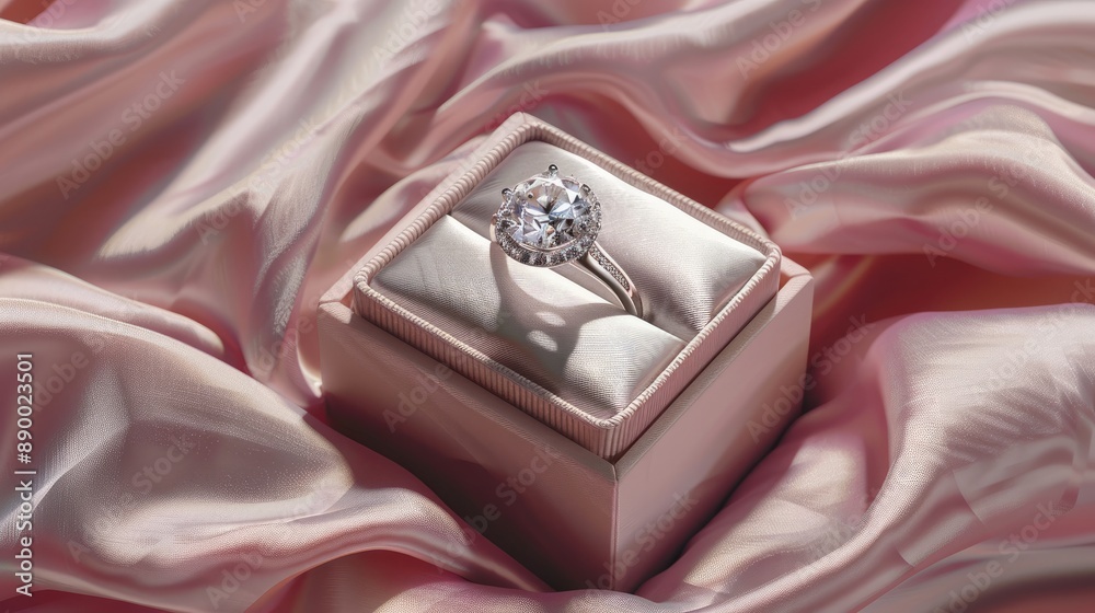Diamond wedding or engagement ring in a box on pink fabric Diamond wedding or engagement ring in a box on pink fabric