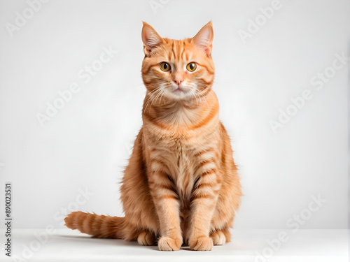 cute ginger cat sitting and looking at the camera, isolated on white background