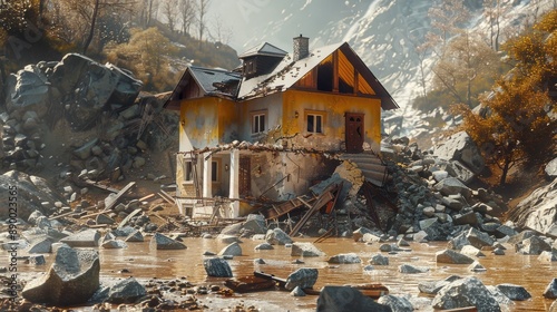 Destruction of a new home in a landslide after heavy rains photo