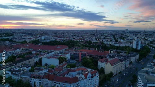 Berlin skyline Bundesplatz, sunset dramatic clouds. Dramatic aerial view drone photo