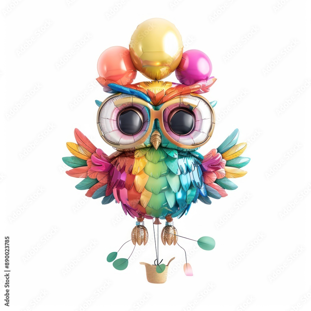 Fototapeta premium Whimsical Bright Balloon Owl - Vibrant Animal Art on White Background, generative Ai